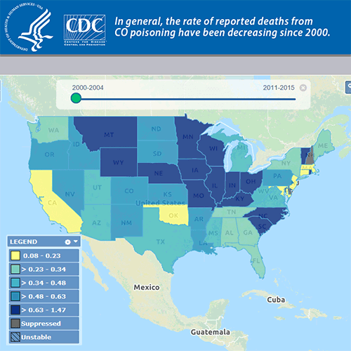 animated map: CDC: US Reported deaths from Carbon Monoxide from 2000-2015
