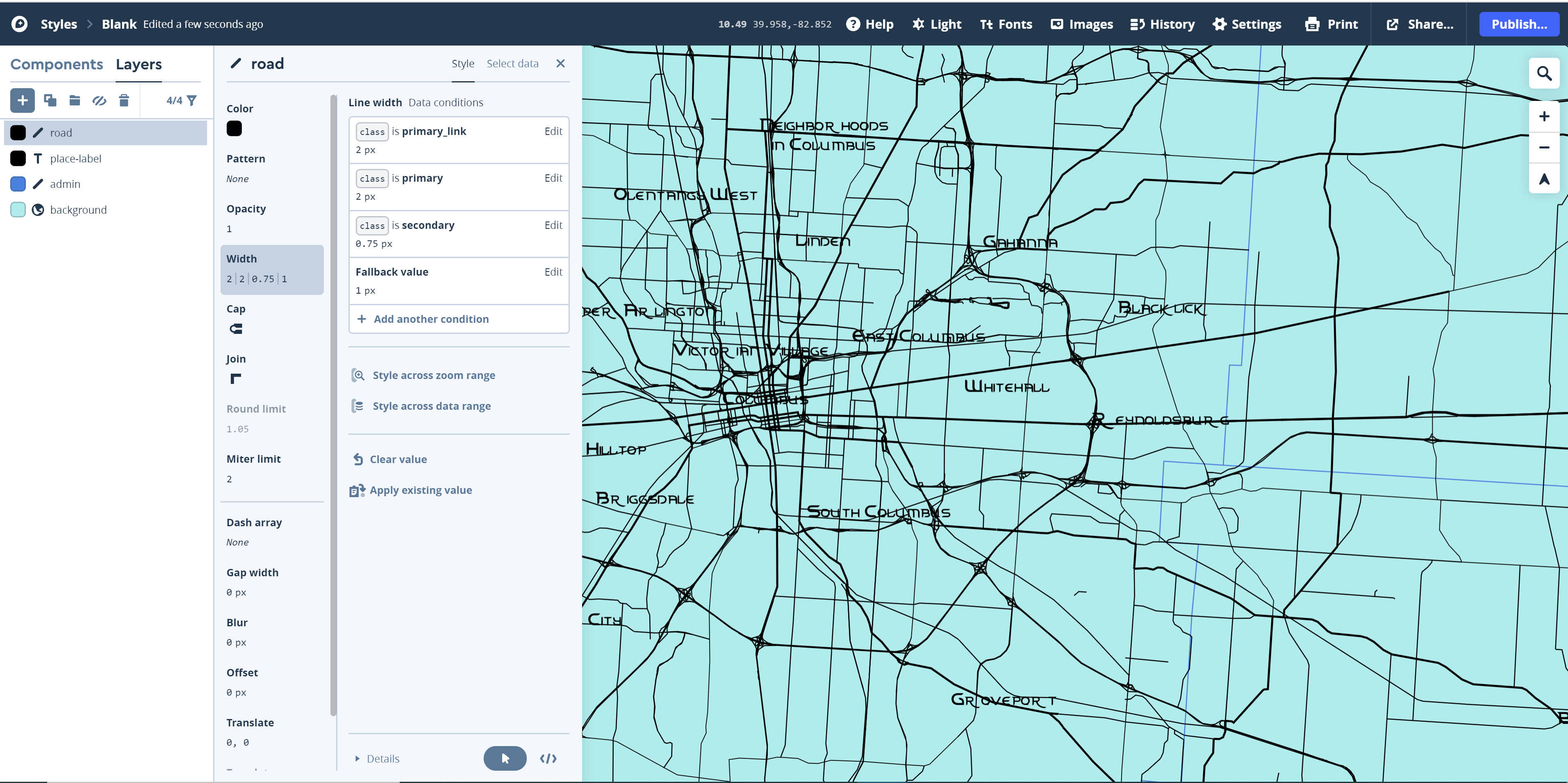 screen capture: sizing roads based on their classification in the Mapbox Streets data
