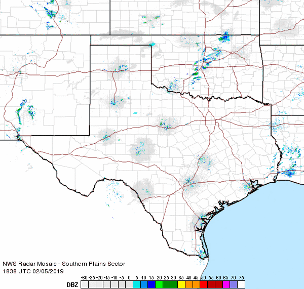 animated map: NWS Radar Mosaic, Southern Plains Sector