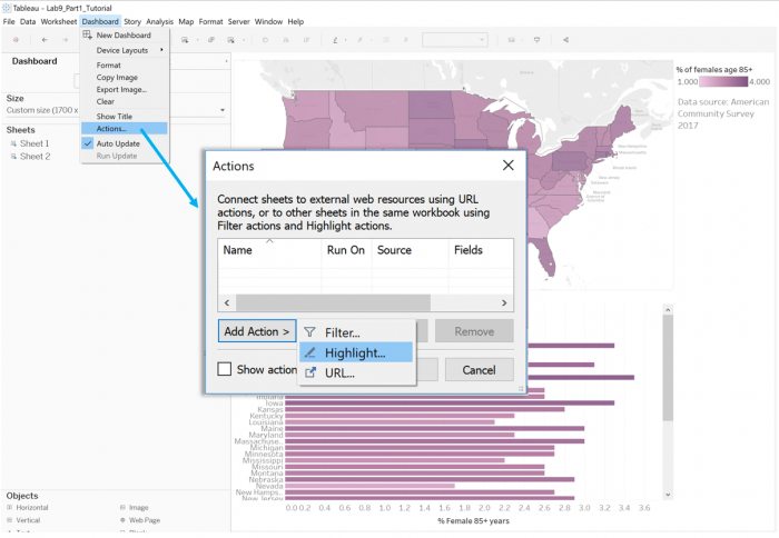 screen capture: creating and adding an action to a Tableau dashboard