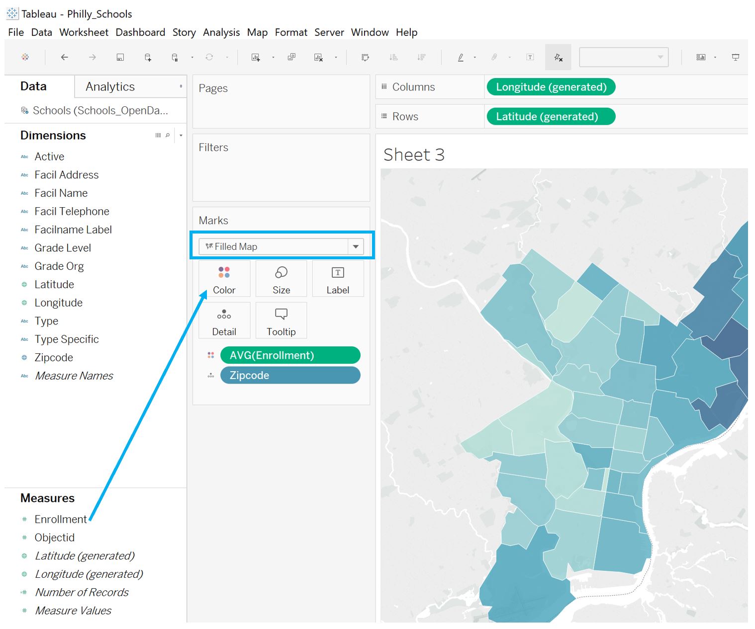 screen capture: Symbolizing a map in Tableau: creating a choropleth map from a data measure