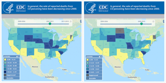 2 frames from an animated CDC map shown side by side