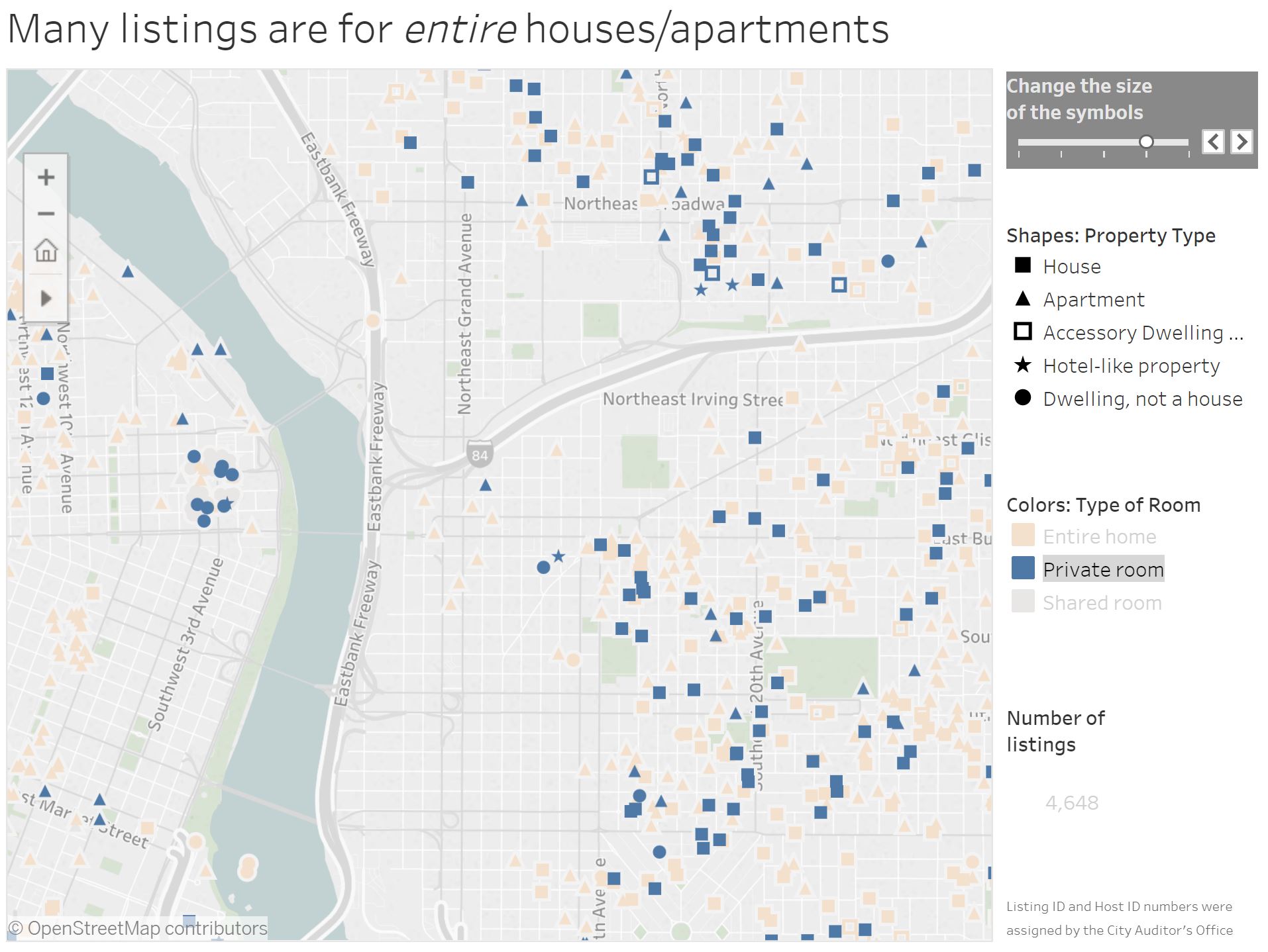 screenshot of "zoom and filter" stage view of interactive map dashboard of property listings