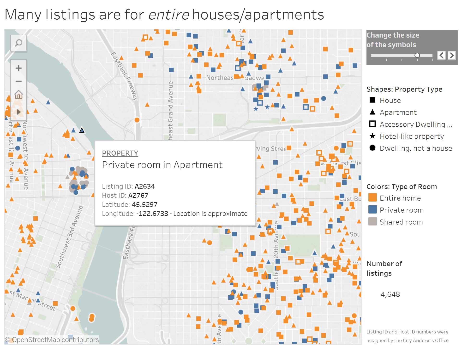 screenshot of interactive map dashboard of property listings, including a tooltip that appears on-hover