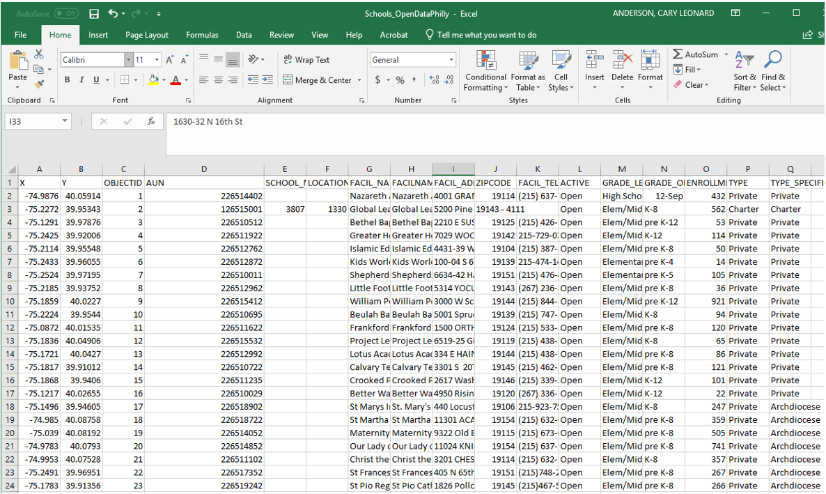 screen capture: Excel spreadsheet of school locations in Philadelphia, PA, including point location data (coordinates)