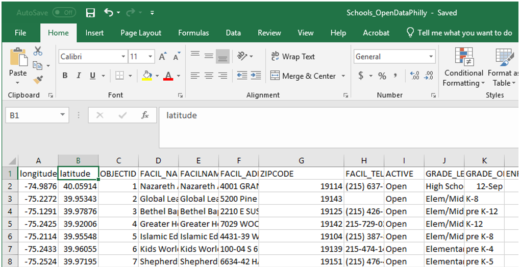 screen capture: Editing coordinate data in Excel spreadsheet