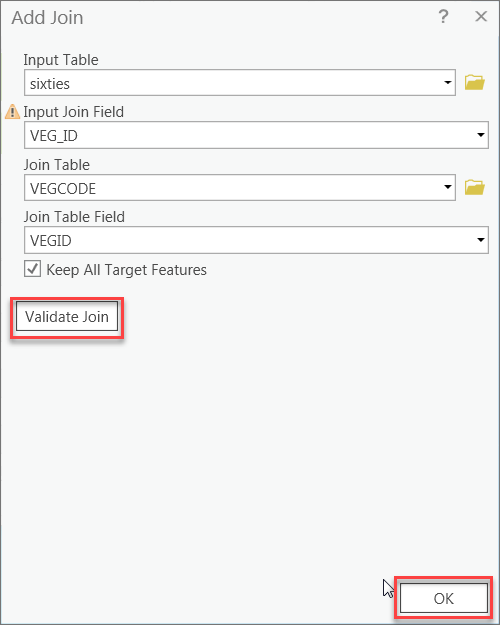 screen shot of add Join window. input table: sixties, input join field: VEG_ID