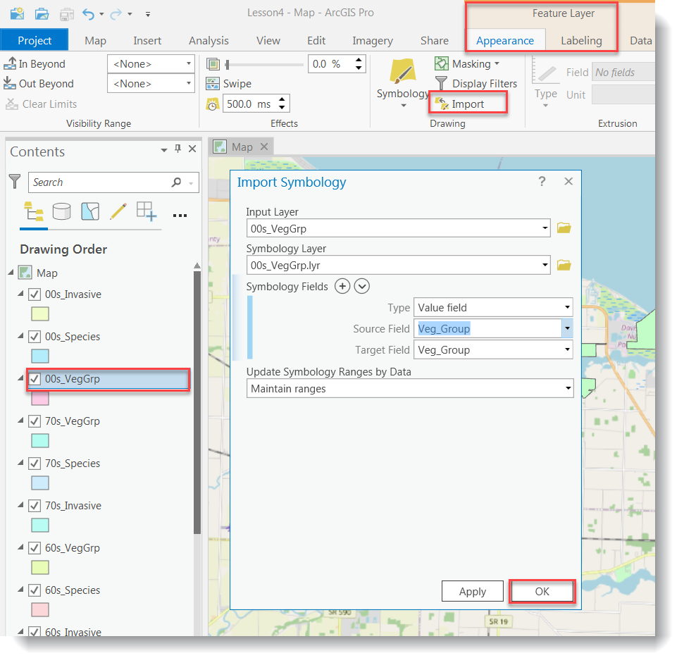 Screenshot of Project selections tab. Highlighting appearance under feature layer, import under drawing and 00s_VegGrp under drawing order