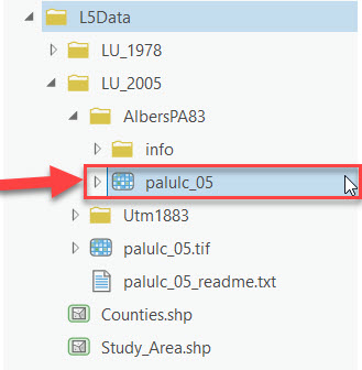 Screenshot of Catalog pane highlighting palulc_05 inside the AlbersPA83 folder
