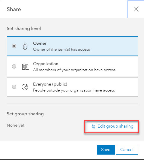 Image illustrating how to select the sharing level to Owner