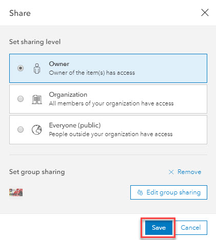 Example of Sharing level selected at Owner