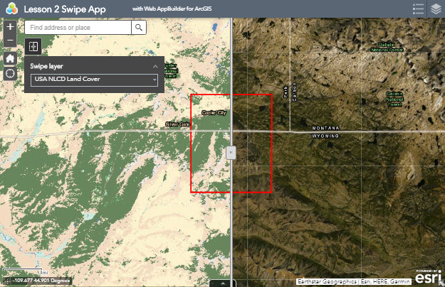 Example of map students will create using the swipe app. The swipe bar shows USA NLCD land cover data