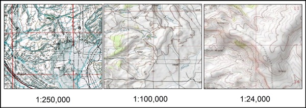 3 Topographic maps of montana going from 1:250,000 to 1:24,00 showing increased detail