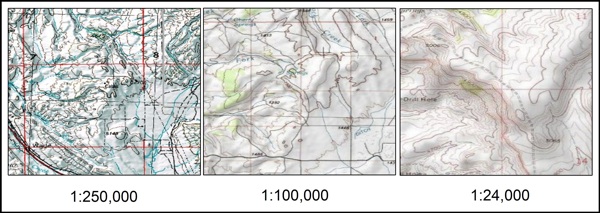 3 Topographic maps of montana going from 1:250,000 to 1:24,00 showing increased detail