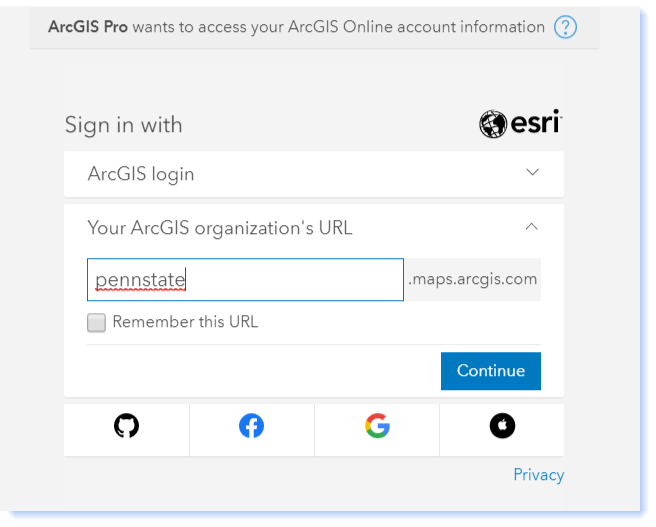 screen shot of ArcGIS Pro Sign in using pennstate as the organizational URL