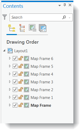 Screenshot contents showing all of map frames are named map frame #