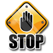 Square yellow sign with hand and the word stop