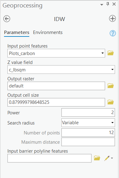 Settings. Input point features: Plots_carbon, Z value field: c_lbsqm, Output raster: default, cell size: 0.879999, search radius: variable