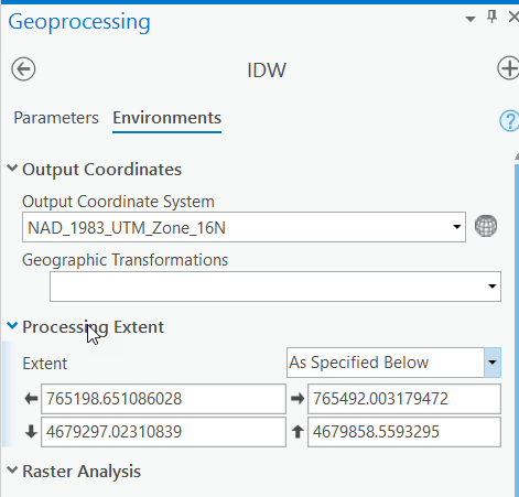 Screenshot of Geoprocessing IDW Environments Output Coordinates window