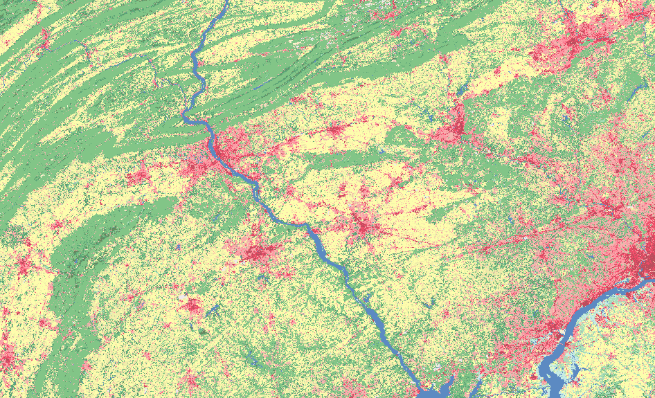 Screenshot of datasets for York and Lancaster Counties 2016. Increase if red around water ways. Small decrease in green