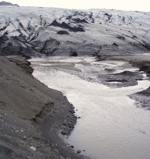 photograph of Myrdalsjokull glacier showing run off and melted water around it