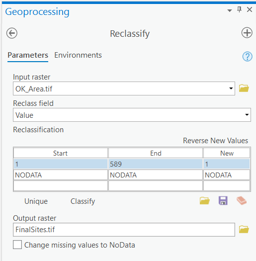 Screenshot: Reclassify. Change the settings as described in text above