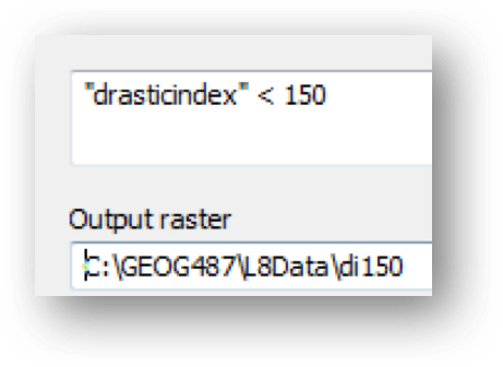 screenshot "drasticindex" <150 Output raster: C:\GEOG487\L8Data\di150