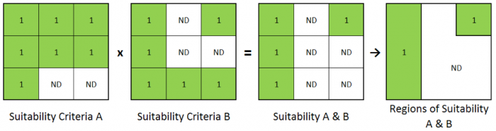 Grids showing suitability criteria A and B. Also shows how Regions of suitability for A&B are where A and B overlapped.