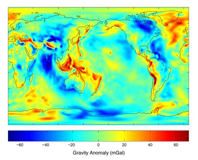 Gravity map showing anomalies due to differences in topography and density.