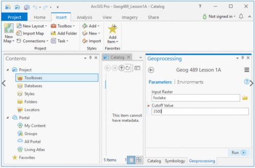 screenshot of geoprocessing parameters. Input raster: foxlake, cutoff value:3500