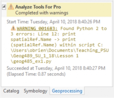 Screen capture of geoprocessing errors, 3 errors on line 12