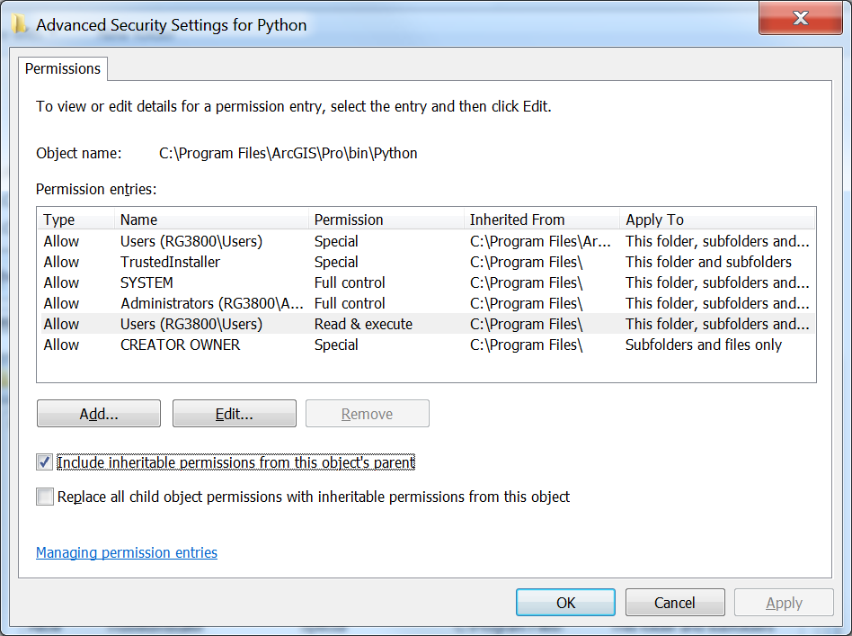 advanced security setting with highlighted include inheritable permissions