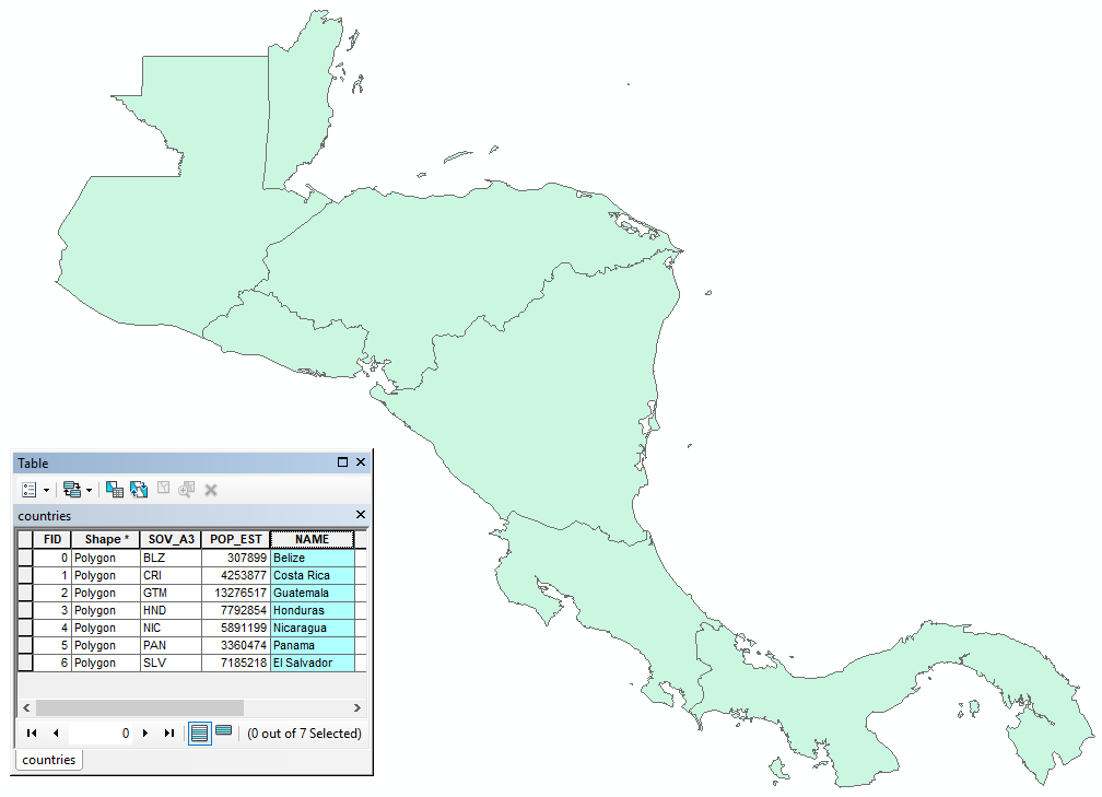 screenshot image of the country data set in ArcMap