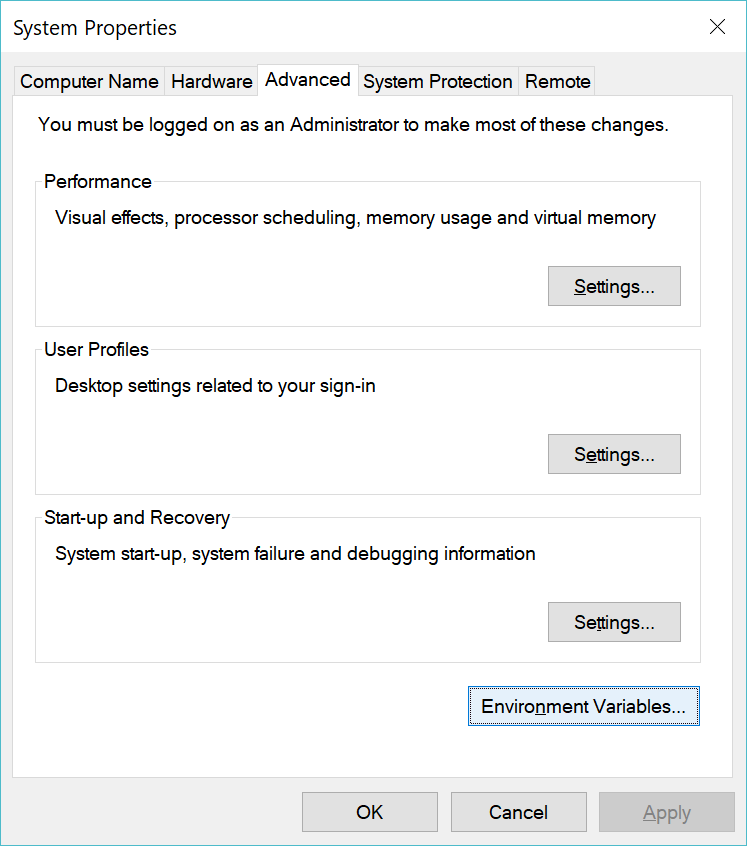 system properties window advanced tab with environment variables button in bottom right