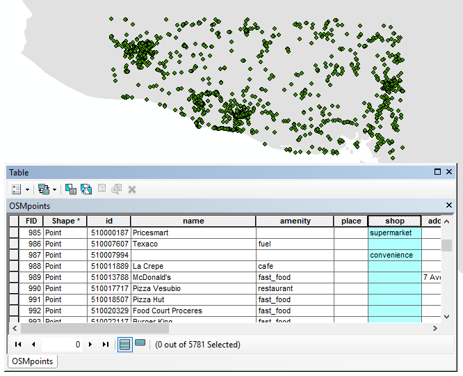 screenshot image of the OSM point data set in ArcMap