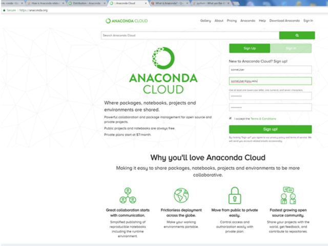 Screenshot of anaconda website tab on anaconda cloud login page