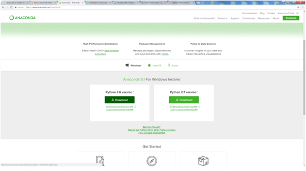 Screenshot of anaconda website tab with installer info
