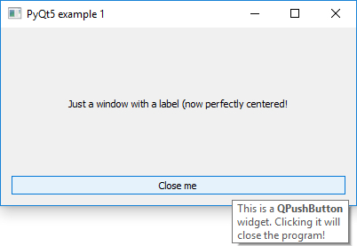 computer window with the words "just a window with a label now perfectly centered" with large close me button