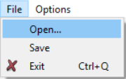 screenshot of a file toolbar with options, open,  save and exit