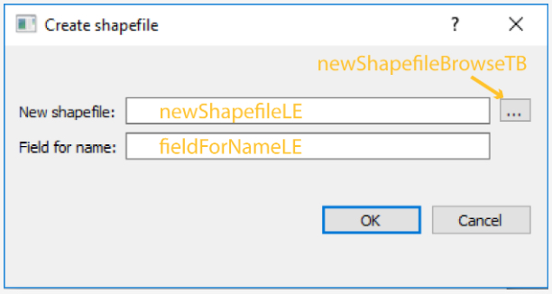 create shapefile tab. All parts are labeled. New shapefile: newShapefileLE, field for name: fieldForNameLE. Button: newShapefileBrowseTB
