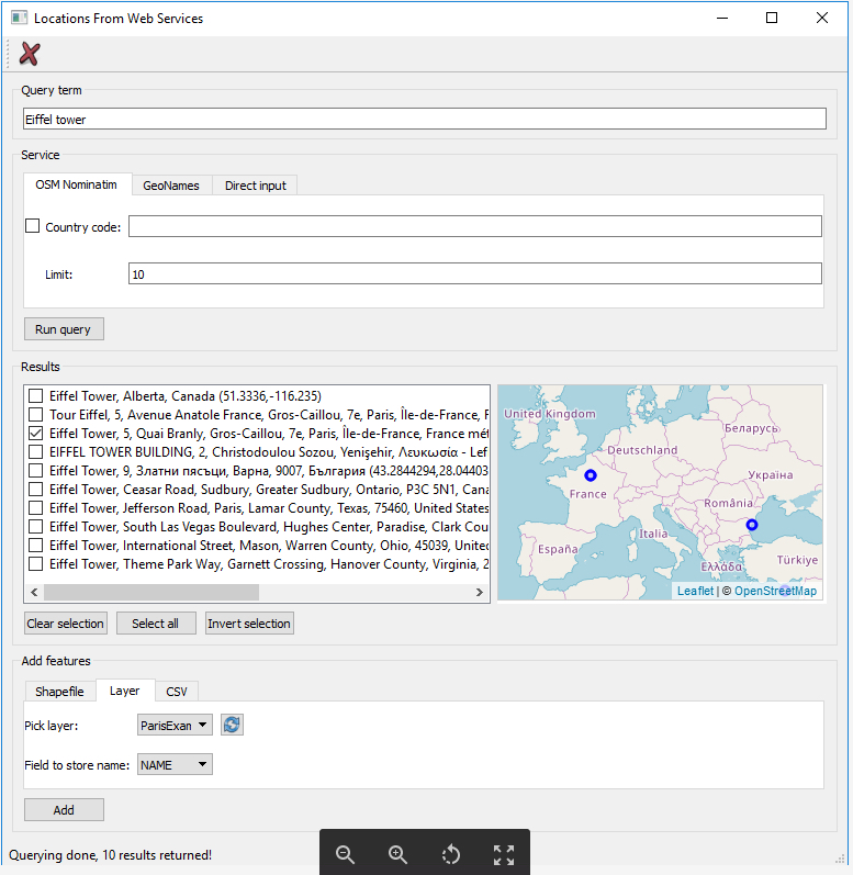 screenshot of locations from web services window searching the Eiffel tower
