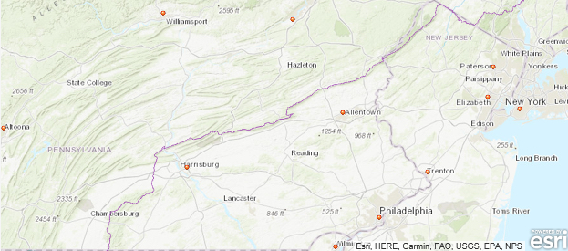 Map of Pennsylvania with  the appalachian trail highlighted & cities marked