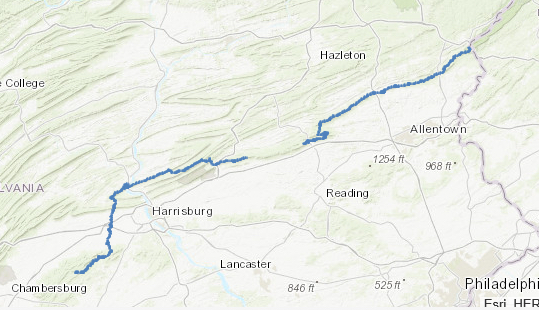 Map of the PA section of the Appalachian trail with certain sections highlighted
