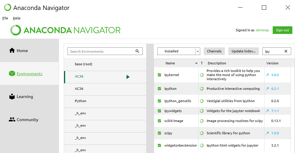screenshot of anaconda navigator within the AC36 environment
