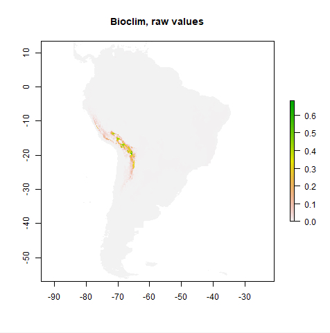 predictiton raster of bioclim raw value. Map of S. America highlighting the western indent of the continent