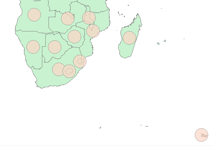 map of southern Africa with orange circles over certain areas-- about one per country