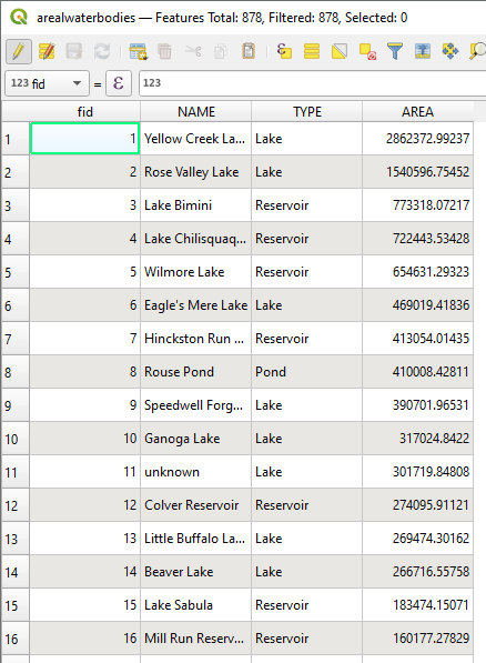 screenshot of example areal features table with name, type, and area