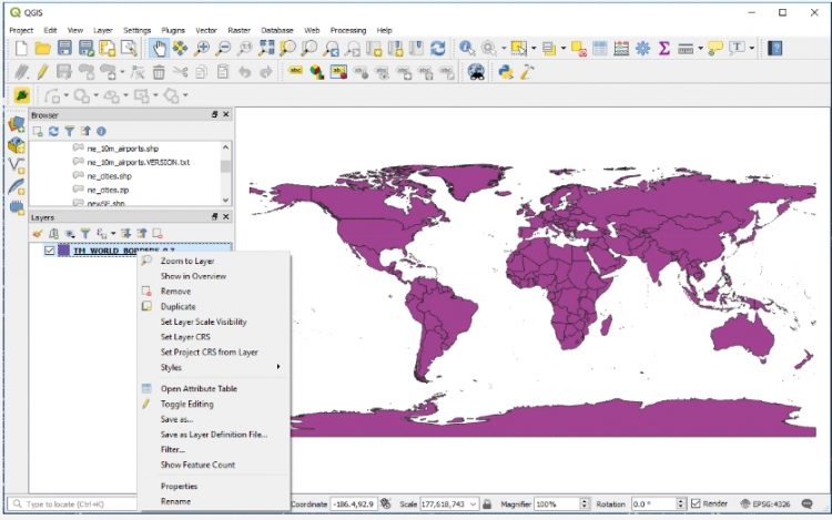 screenshot of world map with the layers context window open on the left