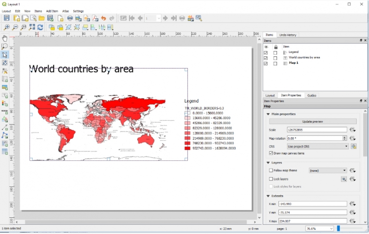 screenshot of shaded map with legend and title: world countries by area
