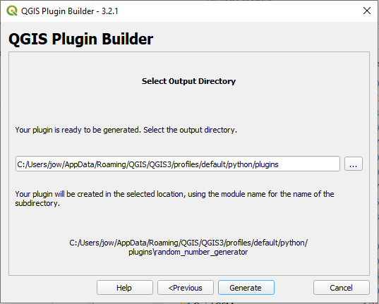 screenshot of plugin builder with a selected location for creation and the generate button